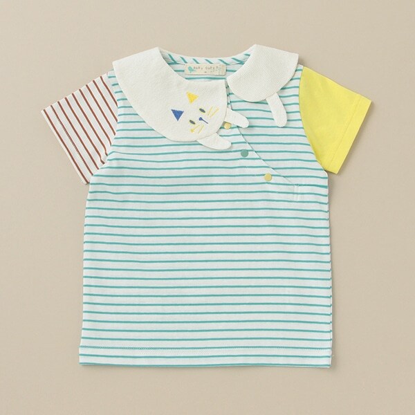 ねこ衿ボーダー半袖ブラウス