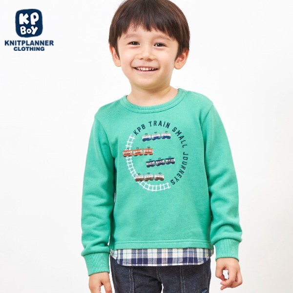 KPBOY 電車刺しゅうの裾切り替え裏毛トレーナー(80～150)