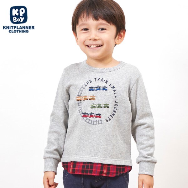 KPBOY 電車刺しゅうの裾切り替え裏毛トレーナー(80～150)