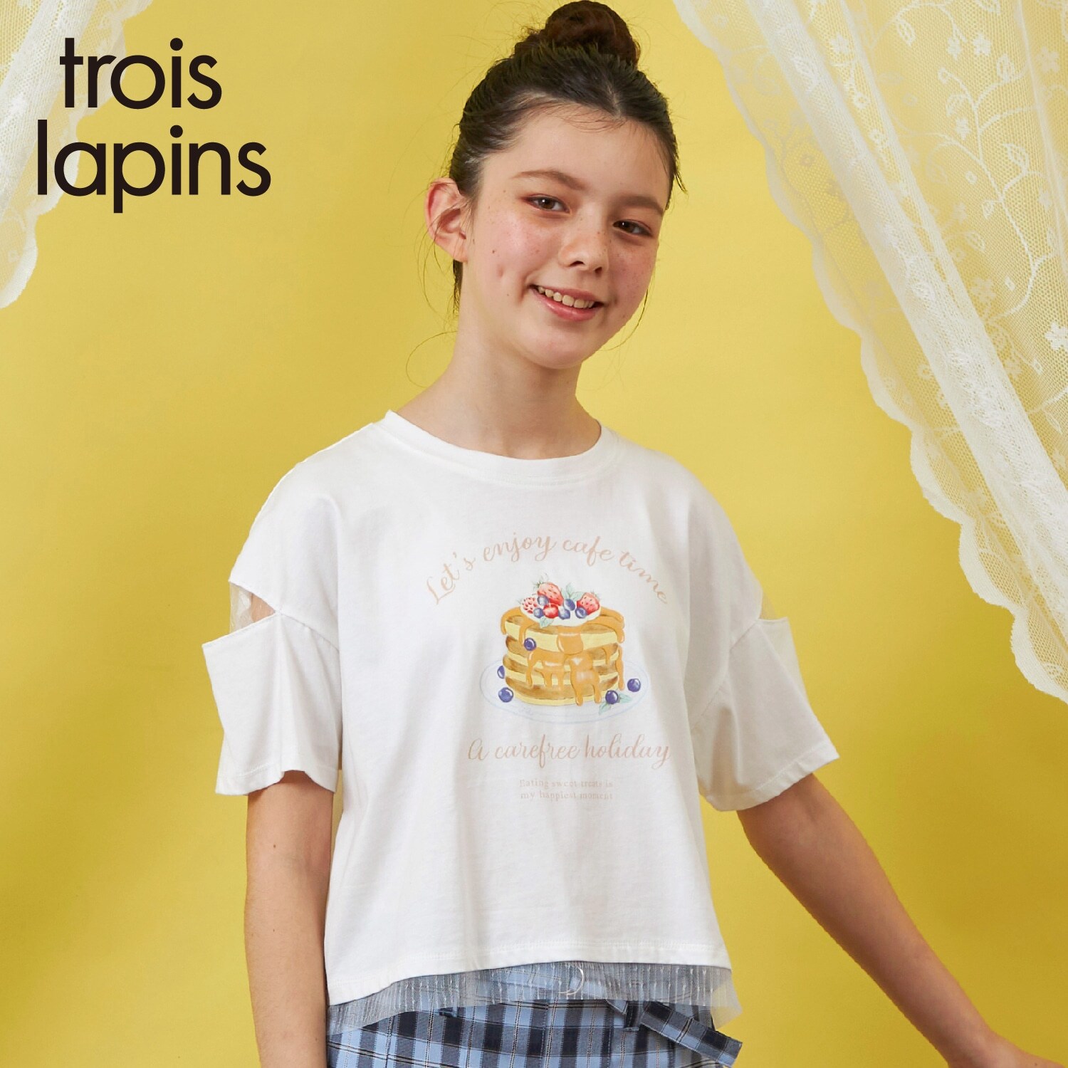 パンケーキプリント肩開き半袖Tシャツ