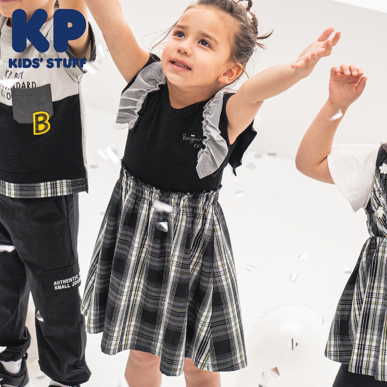 チェックドッキング　袖フリルワンピース