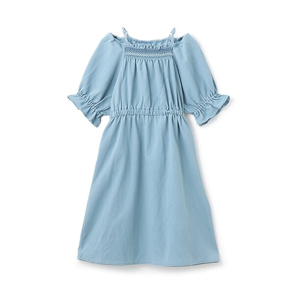 メッシュデニムギャザーワンピース