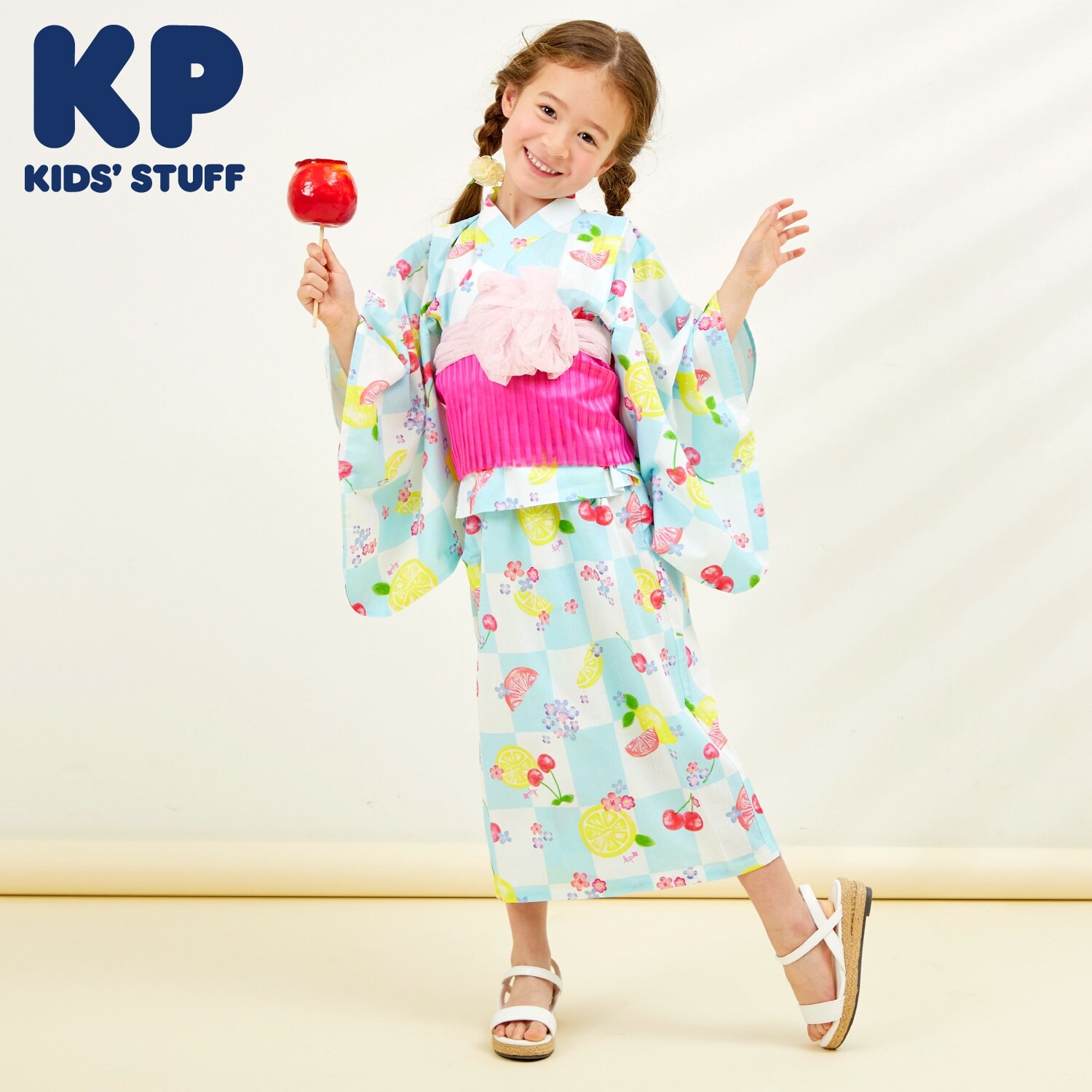 ワンピースにもなる2WAY浴衣 市松×フルーツ柄