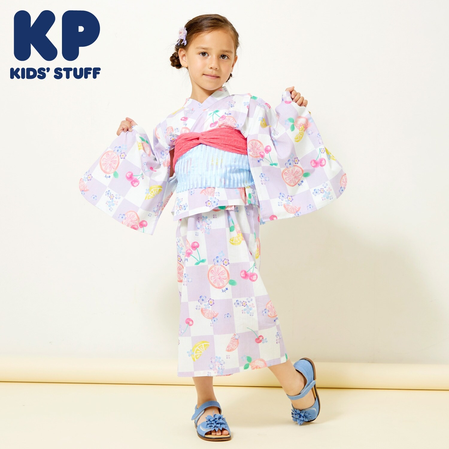 ワンピースにもなる2WAY浴衣 市松×フルーツ柄