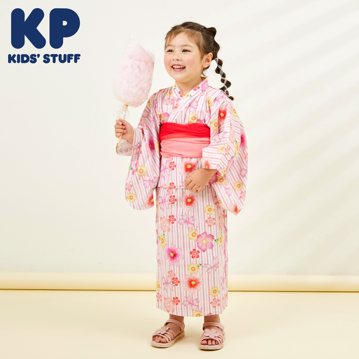 ワンピースにもなる2WAY浴衣 ストライプ×花リボン柄