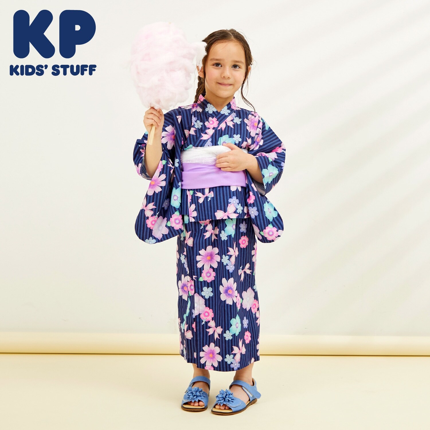 ワンピースにもなる2WAY浴衣 ストライプ×花リボン柄