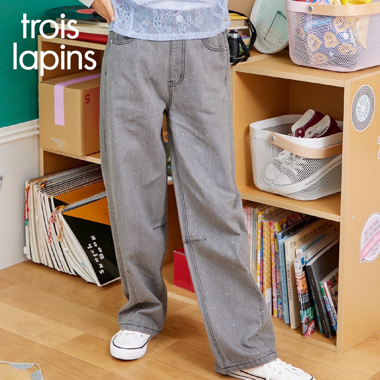【Trois Lapins】 バレルレッグ デニムパンツ
