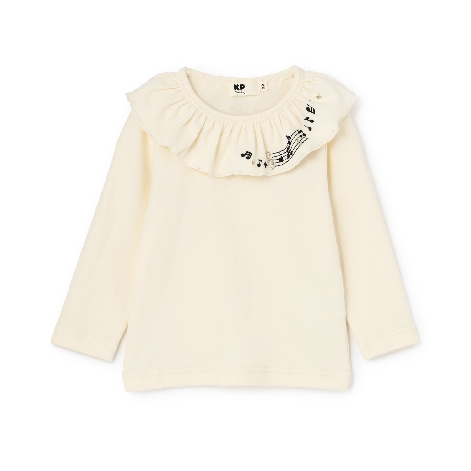 音符刺シュウ フリル衿フライス微起毛長袖Tシャツ