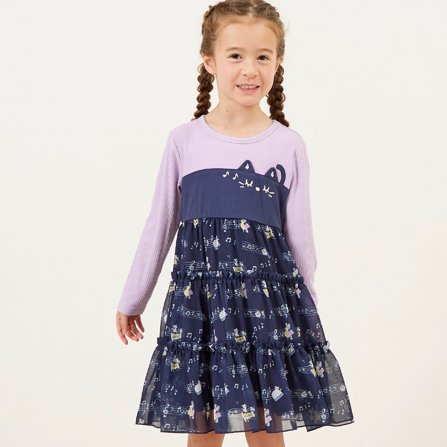 音符柄シフォン ティアードワンピース