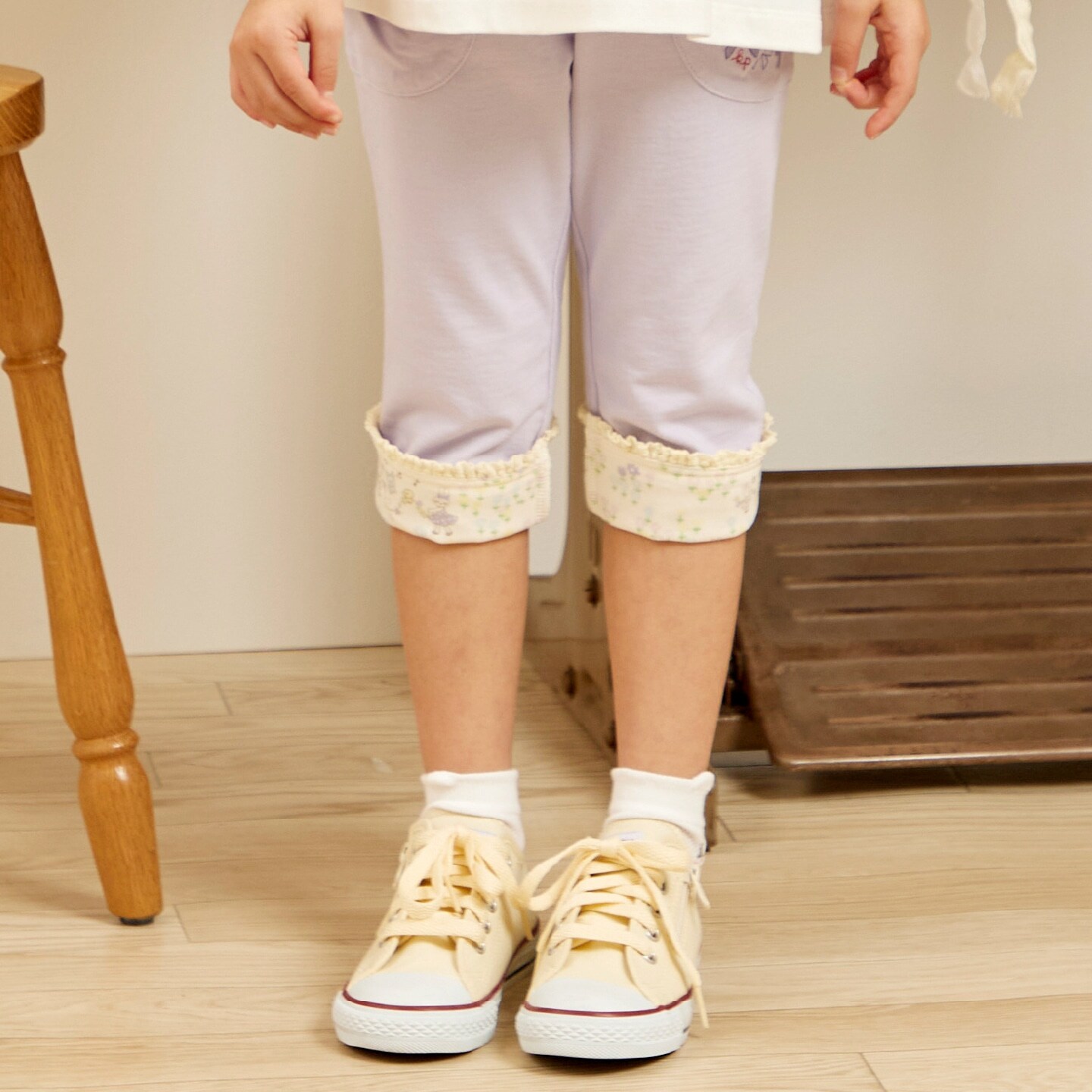 デニム風ニットツイル 裾折り返しパンツ 7分丈