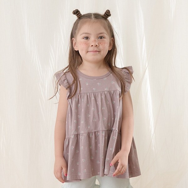 【型崩れしないやわらかコットン】アソート総柄フリル袖ティアードチュニック