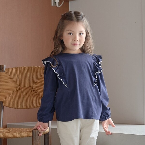 【型崩れしないやわらかコットン】前後どっちでもOK!フリル長袖Tシャツ