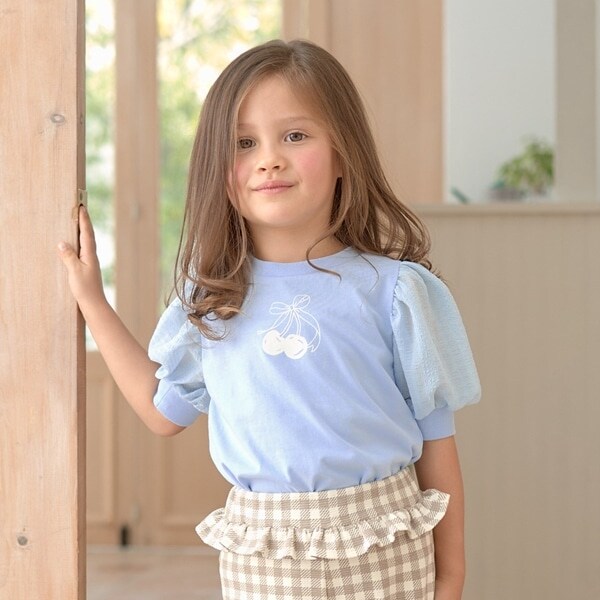 【型崩れしないやわらかコットン】シアースリーブリボンチェリートップス