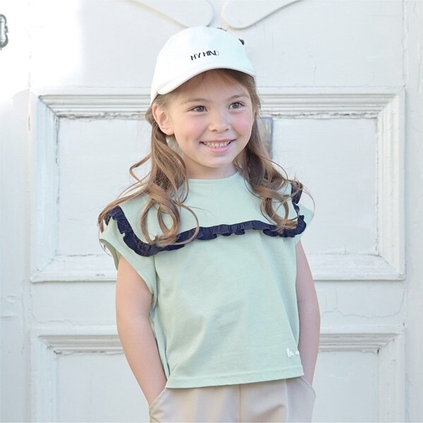 【型崩れしないやわらかコットン】フリルセーラーカラートップス