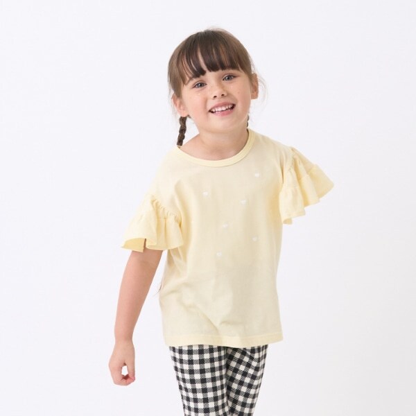 【接触冷感】ハート刺しゅうフリルスリーブTシャツ