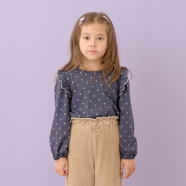 【型崩れしないやわらかコットン】フリル付きボリュームスリーブ総柄Tシャツ