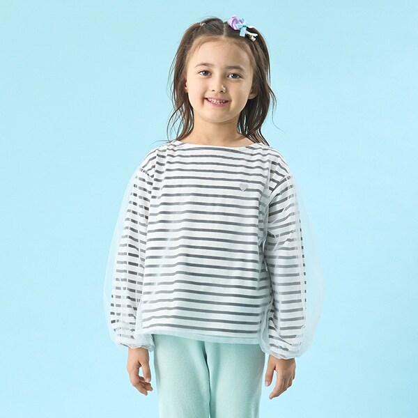 【ソフトコットン】チュール重ねボーダーボートネックTシャツ