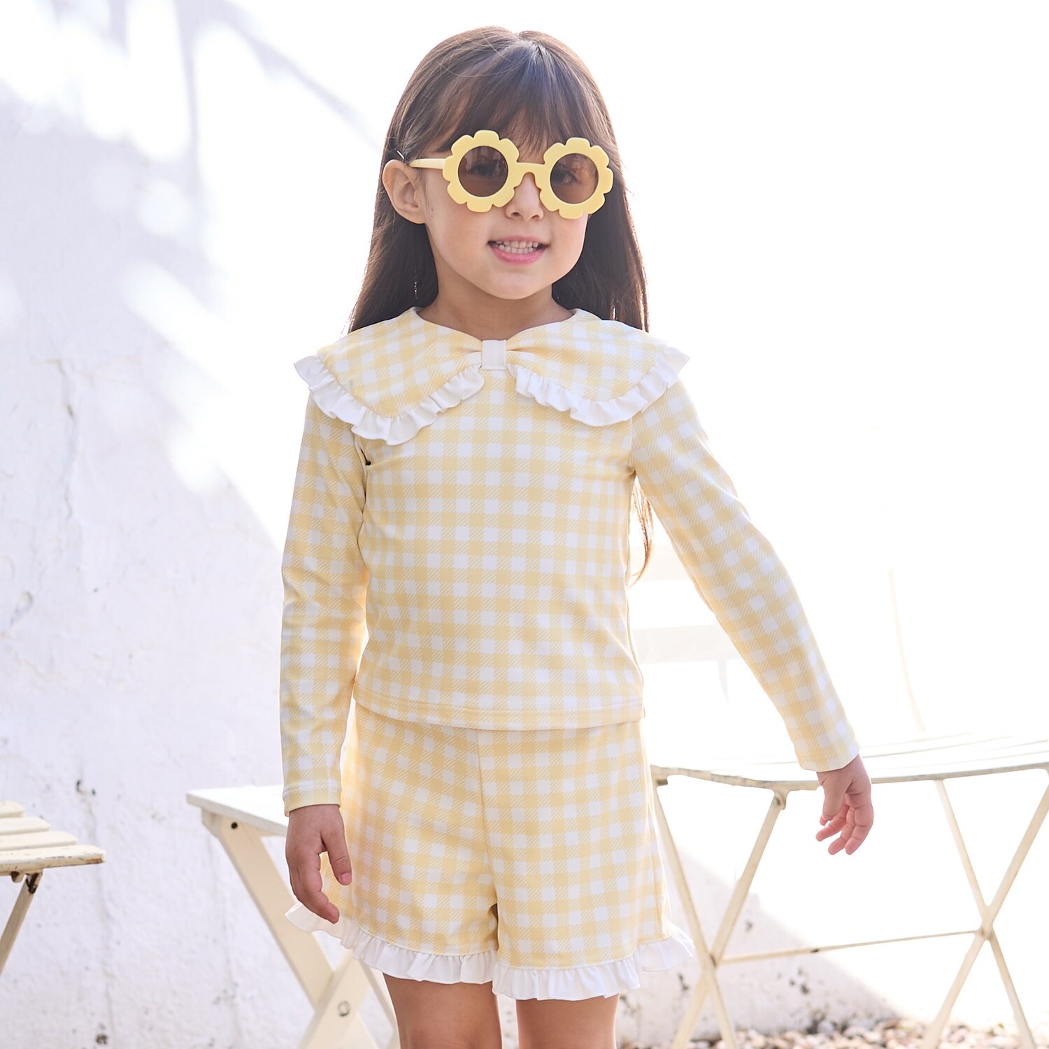 【SWIM】【UV加工】アソート総柄衿付きフリルラッシュガード＆パンツセット