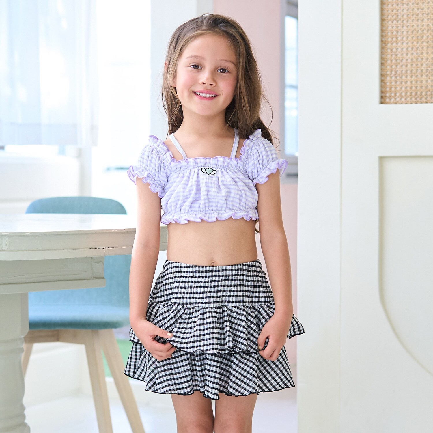 【SWIM】【水着】【UV加工】ギンガムチェックたっぷりギャザーセパレート