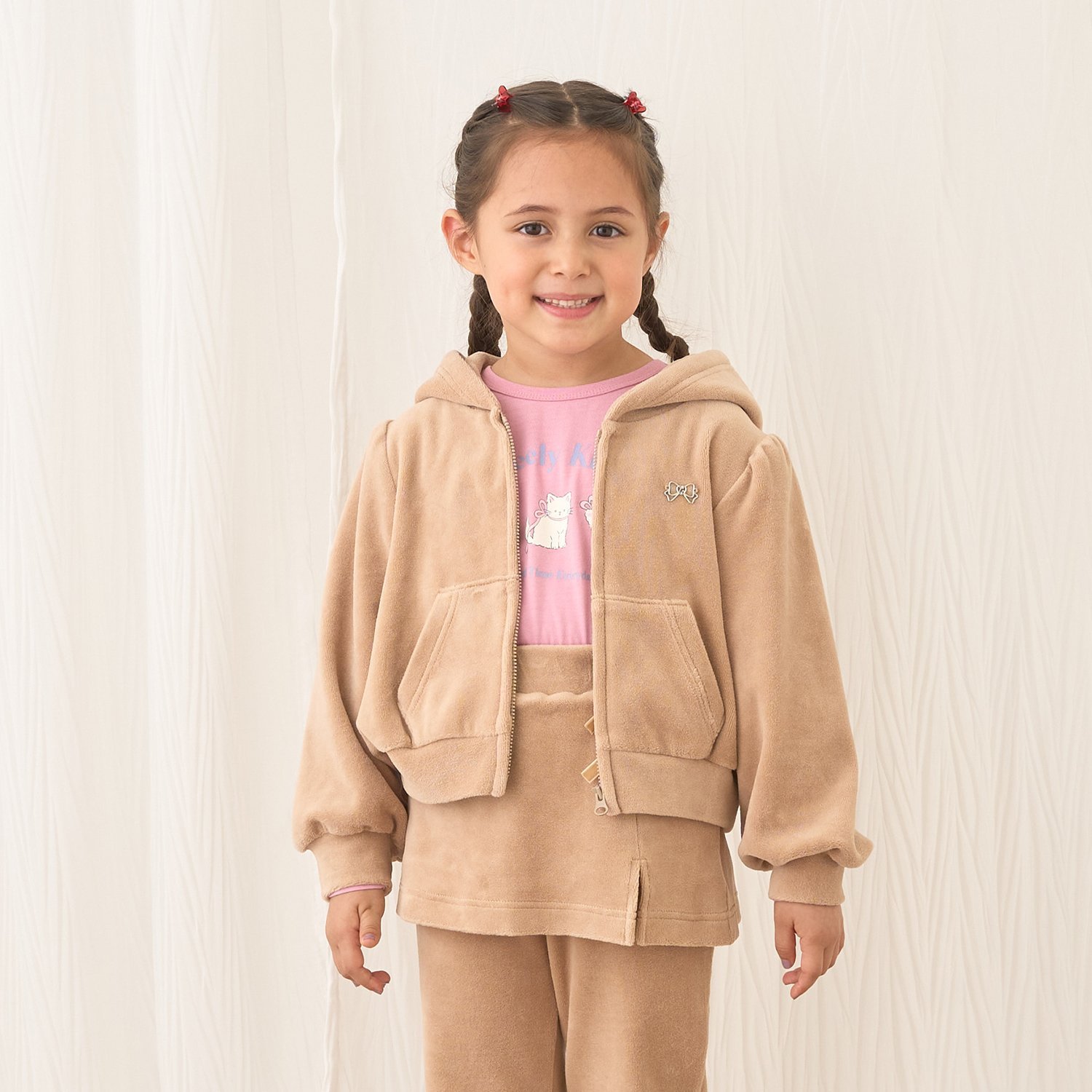 【もっちりベロア】【セットアップ可】ギャザースリーブジップパーカ