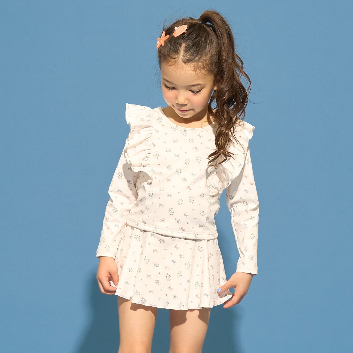 【SWIM】【UV カット】花柄フリルラッシュガード・スカパンセット