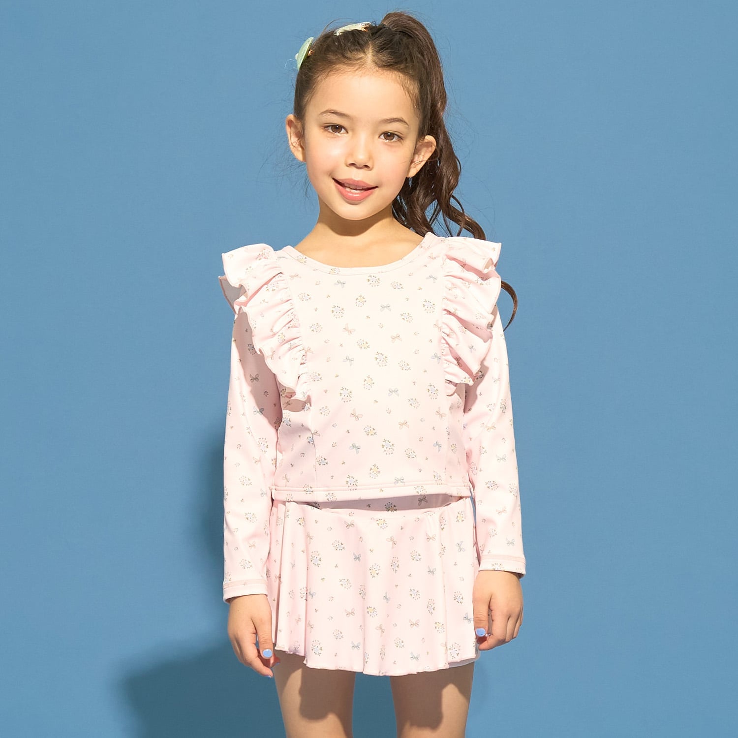 【SWIM】【UV カット】花柄フリルラッシュガード・スカパンセット