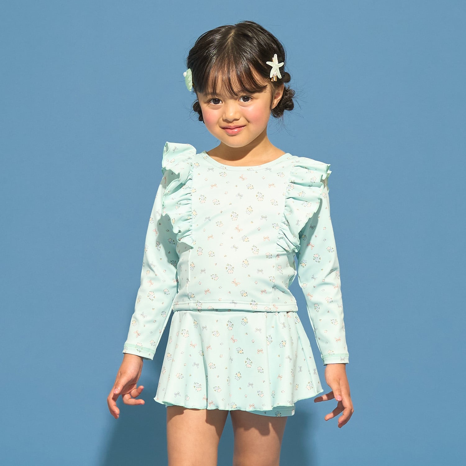 【SWIM】【UV カット】花柄フリルラッシュガード・スカパンセット