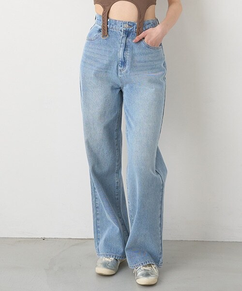 タックデニムワイドパンツ【韓国ファッション】