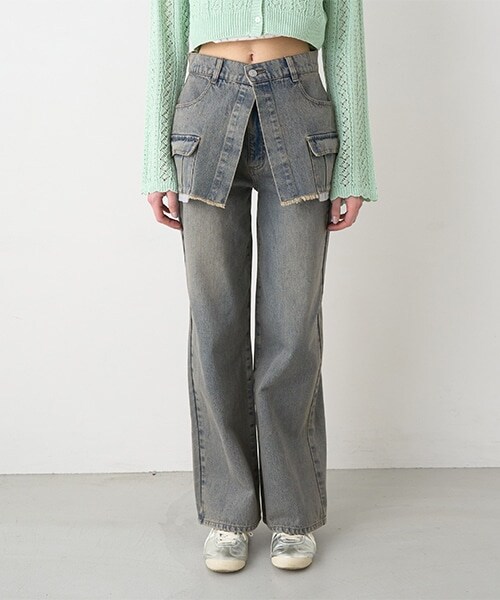 ラップ付デニムワイドパンツ【韓国ファッション】