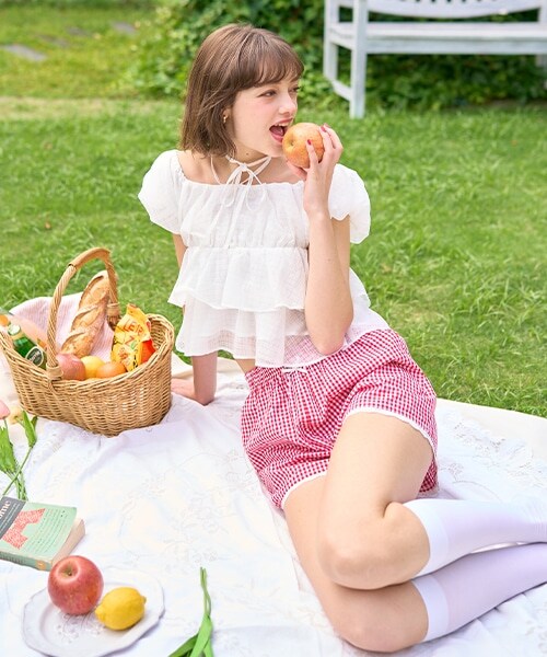 ティアードシアーチェックブラウス【韓国ファッション】