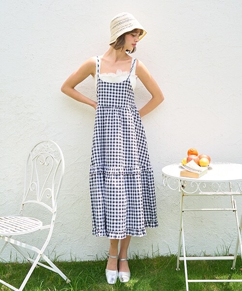 ギンガムチェックキャミワンピース【韓国ファッション】