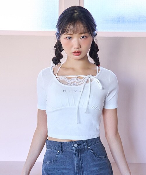 ラインストーンクロップド半袖Tシャツ