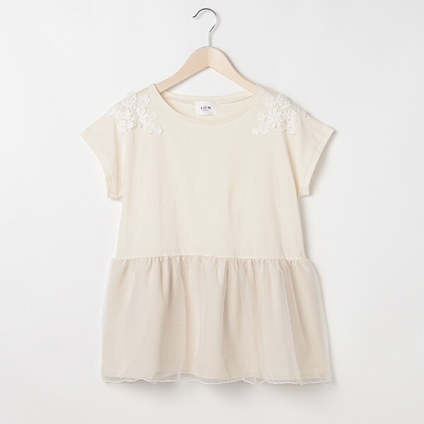 肩花レース裾チュールカットTシャツ