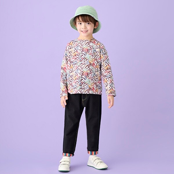 カットデニム裾ストライプ8分丈パンツ