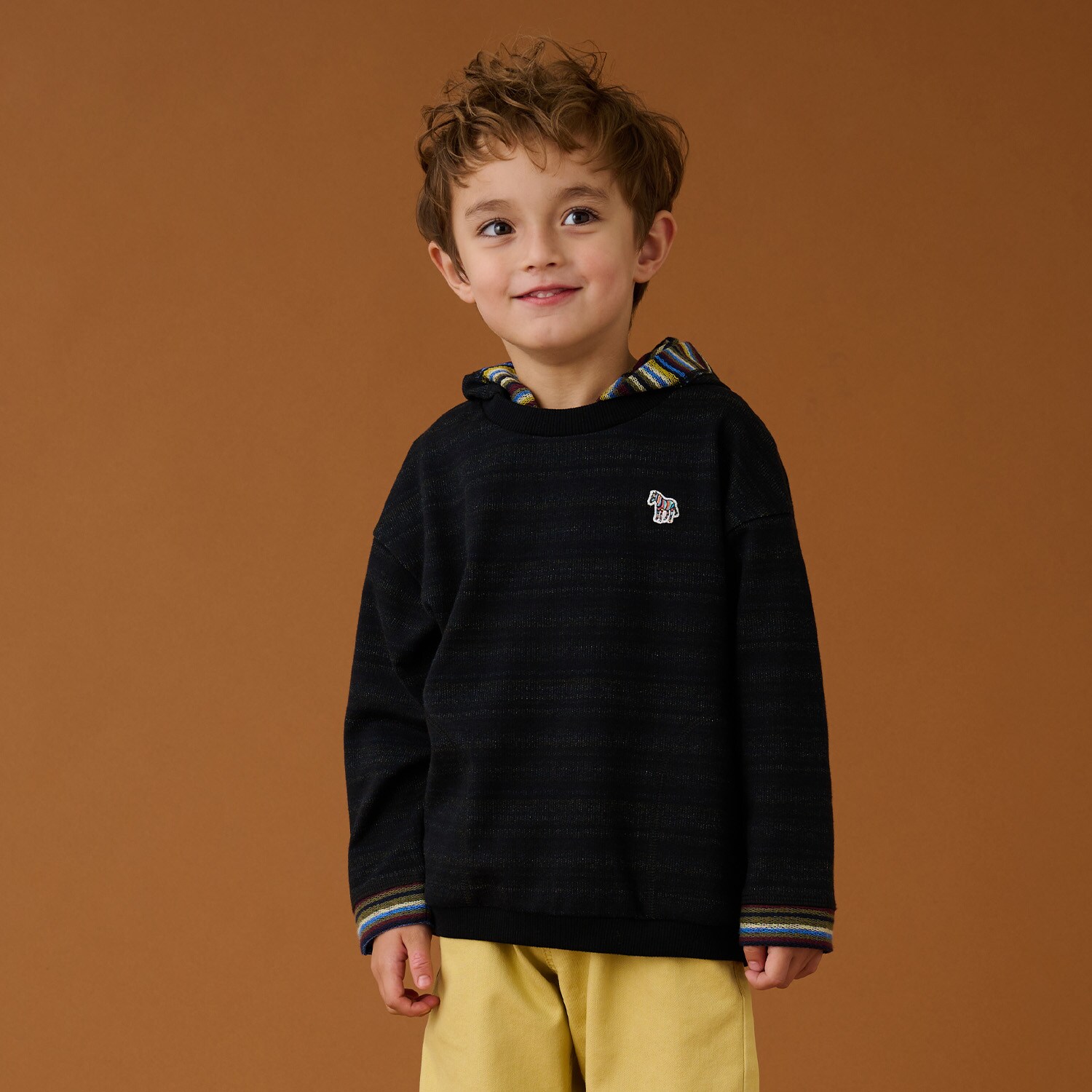 裏ボーダーフードつき裏毛プルオーバー