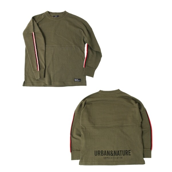 厚手天竺・抗菌防臭加工ドロップショルダー袖ラインバックプリント長袖Tシャツ