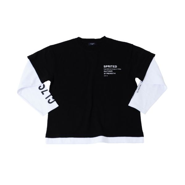 天竺・抗菌防臭加工ドロップショルダー袖プリント重ね着風長袖Tシャツ