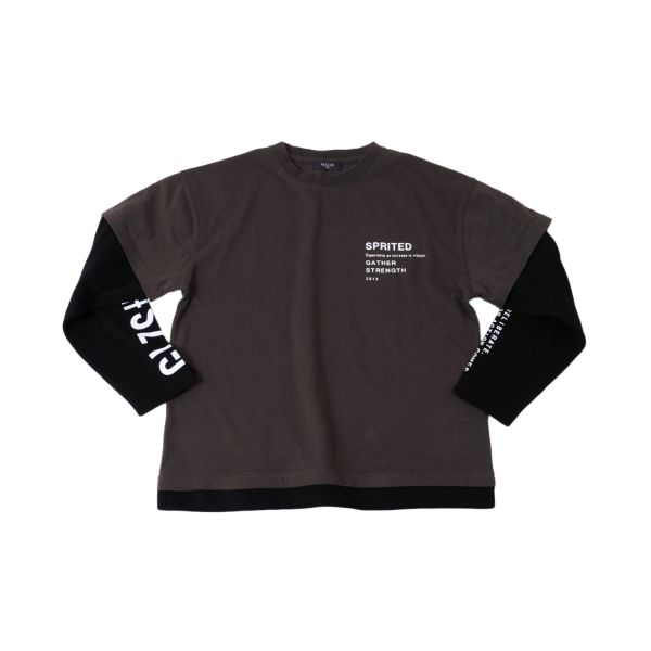 天竺・抗菌防臭加工ドロップショルダー袖プリント重ね着風長袖Tシャツ