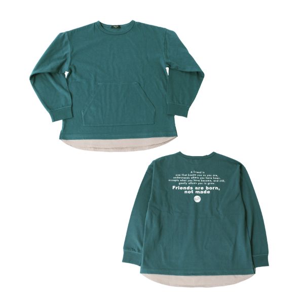 天竺・抗菌防臭加工ドロップショルダーバックプリント裾レイヤード長袖Tシャツ