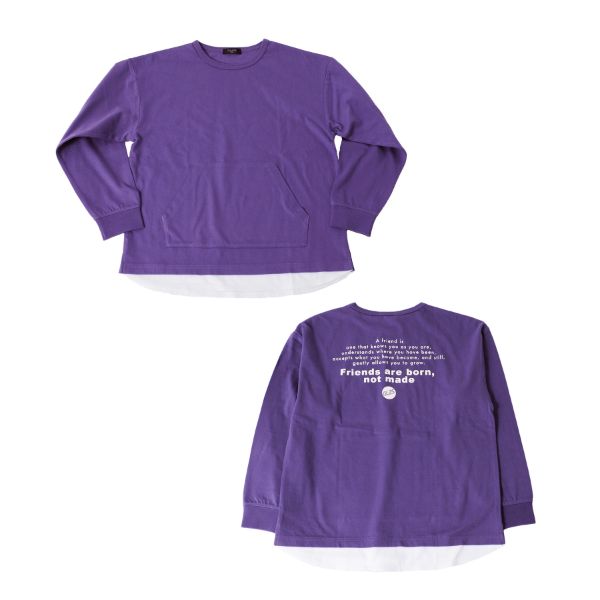 天竺・抗菌防臭加工ドロップショルダーバックプリント裾レイヤード長袖Tシャツ