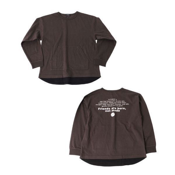 天竺・抗菌防臭加工ドロップショルダーバックプリント裾レイヤード長袖Tシャツ