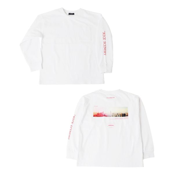 OE天竺・抗菌防臭加工ドロップショルダーバックフォトプリント長袖Tシャツ