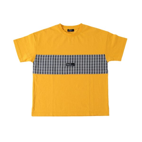 天竺・ドロップショルダーチェック切替半袖Tシャツ