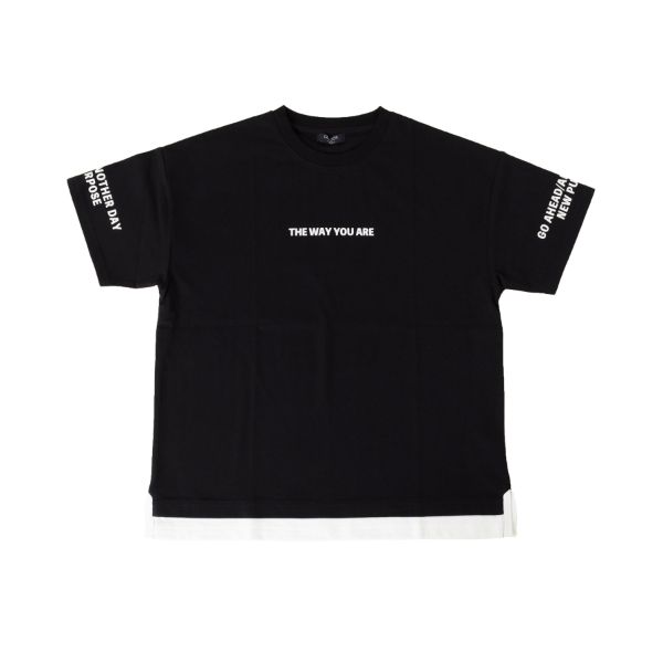 天竺・ドロップショルダーフェイクレイヤードプリント半袖Tシャツ