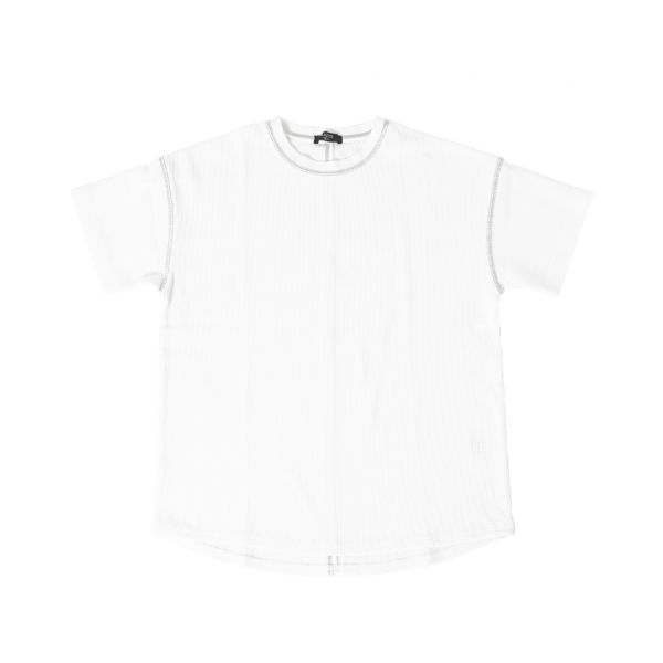ミニワッフル・ドロップショルダー配色ステッチ半袖Tシャツ