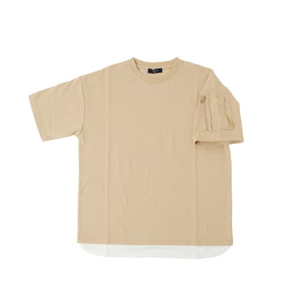 OE天竺・接触冷感ドロップショルダー袖ポケットレイヤード半袖Tシャツ
