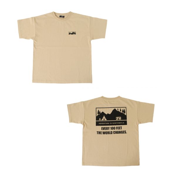 OE天竺・接触冷感ドロップショルダーアウトドアバックプリント半袖Tシャツ