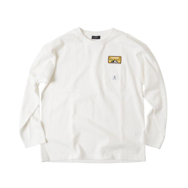 厚手天竺・ドロップショルダーワッペン付きポケット長袖Tシャツ