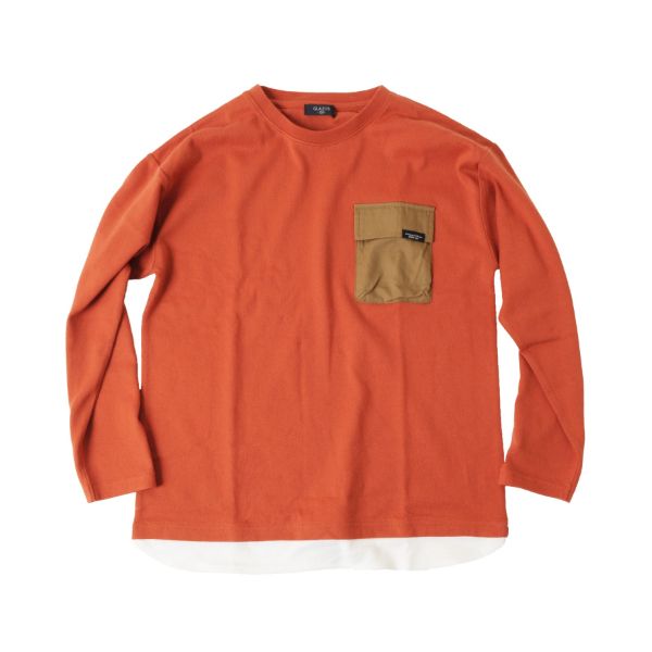 厚手天竺・ドロップショルダーフラップポケット付き裾レイヤード長袖Tシャツ