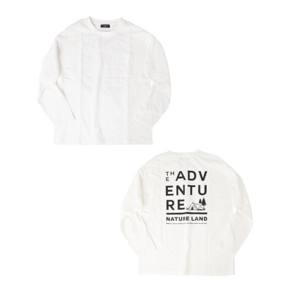 OE天竺・ドロップショルダーポケット付アウトドアプリント長袖Tシャツ